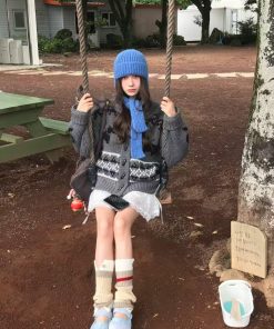 Pumpkin Korean Style Bow Tie Knitted Wool Cardigan for Women, Relaxed Fit, Toggle Button, Color-Blocked Sweater Coat