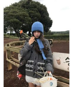 Pumpkin Korean Style Bow Tie Knitted Wool Cardigan for Women, Relaxed Fit, Toggle Button, Color-Blocked Sweater Coat