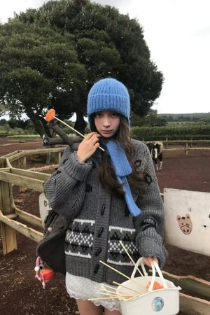 Pumpkin Korean Style Bow Tie Knitted Wool Cardigan for Women, Relaxed Fit, Toggle Button, Color-Blocked Sweater Coat