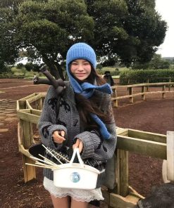 Pumpkin Korean Style Bow Tie Knitted Wool Cardigan for Women, Relaxed Fit, Toggle Button, Color-Blocked Sweater Coat