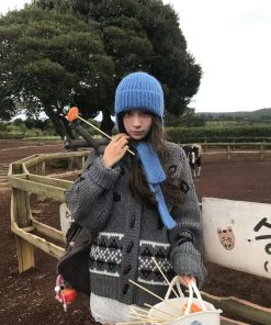 Pumpkin Korean Style Bow Tie Knitted Wool Cardigan for Women, Relaxed Fit, Toggle Button, Color-Blocked Sweater Coat