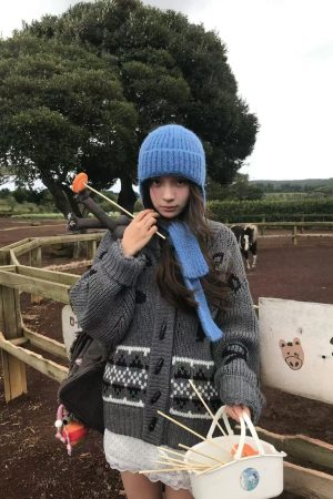 Pumpkin Korean Style Bow Tie Knitted Wool Cardigan for Women, Relaxed Fit, Toggle Button, Color-Blocked Sweater Coat