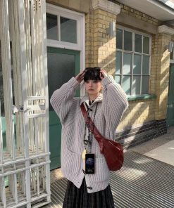 Pumpkin Korean Style Loose High-Neck Toggle Thick Knitted Cardigan Sweater for Women - Autumn Winter Fashion Essential