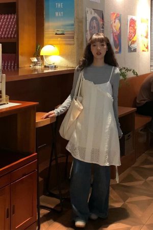 Pumpkin Lace Hollow Out Camisole Dress with Drawstring and Lace Skirt, Women's Layering Piece, Y2K Fashion Outerwear