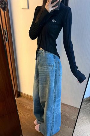 Pumpkin Loose Straight Wide-Leg Washed Denim Floor-Length Pants for Women - Vintage Korean Style Casual Trousers