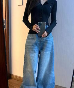Pumpkin Loose Straight Wide-Leg Washed Denim Floor-Length Pants for Women - Vintage Korean Style Casual Trousers