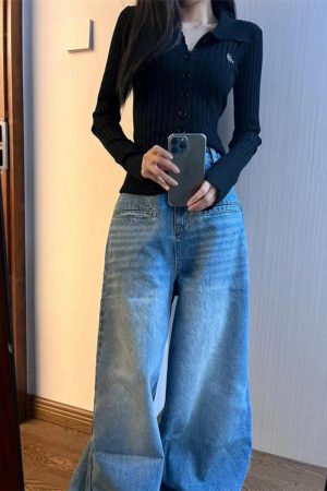 Pumpkin Loose Straight Wide-Leg Washed Denim Floor-Length Pants for Women - Vintage Korean Style Casual Trousers