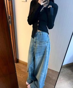 Pumpkin Loose Straight Wide-Leg Washed Denim Floor-Length Pants for Women - Vintage Korean Style Casual Trousers
