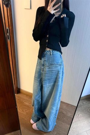 Pumpkin Loose Straight Wide-Leg Washed Denim Floor-Length Pants for Women - Vintage Korean Style Casual Trousers