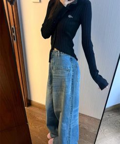 Pumpkin Loose Straight Wide-Leg Washed Denim Floor-Length Pants for Women - Vintage Korean Style Casual Trousers