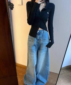 Pumpkin Loose Straight Wide-Leg Washed Denim Floor-Length Pants for Women - Vintage Korean Style Casual Trousers