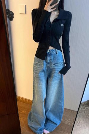 Pumpkin Loose Straight Wide-Leg Washed Denim Floor-Length Pants for Women - Vintage Korean Style Casual Trousers