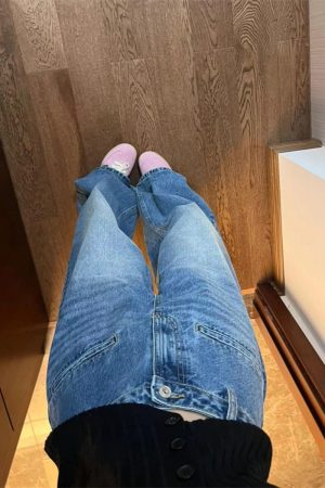 Pumpkin Loose Straight Wide-Leg Washed Denim Floor-Length Pants for Women - Vintage Korean Style Casual Trousers