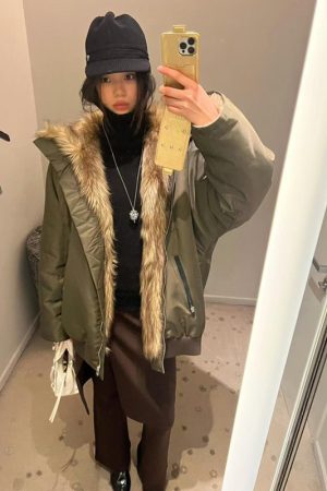 Pumpkin Oversized Fur-Lined High Collar Parka Jacket - American High Street Style