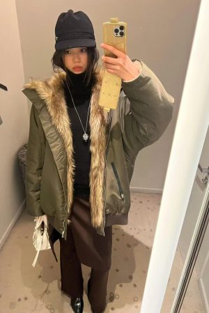 Pumpkin Oversized Fur-Lined High Collar Parka Jacket - American High Street Style