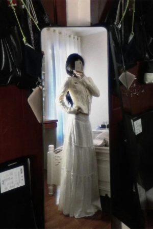 Pumpkin White Lace Spliced High-Waisted Ultra-Long A-Line Fairy Skirt - Versatile Slimming Design for 90s and Y2K Style