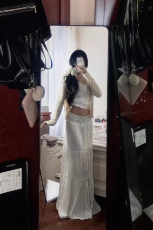 Pumpkin White Lace Spliced High-Waisted Ultra-Long A-Line Fairy Skirt - Versatile Slimming Design for 90s and Y2K Style