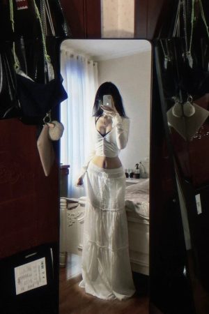 Pumpkin White Lace Spliced High-Waisted Ultra-Long A-Line Fairy Skirt - Versatile Slimming Design for 90s and Y2K Style