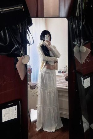 Pumpkin White Lace Spliced High-Waisted Ultra-Long A-Line Fairy Skirt - Versatile Slimming Design for 90s and Y2K Style