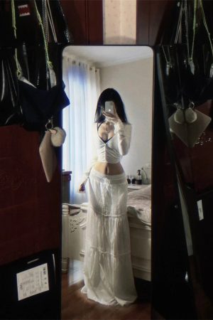 Pumpkin White Lace Spliced High-Waisted Ultra-Long A-Line Fairy Skirt - Versatile Slimming Design for 90s and Y2K Style