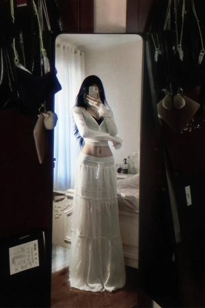 Pumpkin White Lace Spliced High-Waisted Ultra-Long A-Line Fairy Skirt - Versatile Slimming Design for 90s and Y2K Style