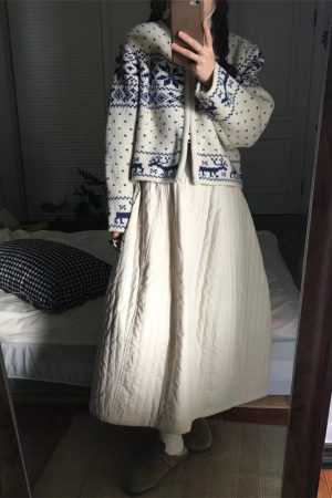 Pumpkin White Padded Midi Skirt for Women, Japanese Style, Loose Thick Long Cotton Skirt for Autumn and Winter 2025