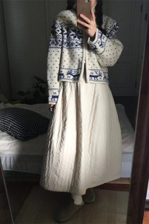 Pumpkin White Padded Midi Skirt for Women, Japanese Style, Loose Thick Long Cotton Skirt for Autumn and Winter 2025