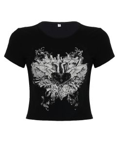 Punk Rock Cropped T-shirt for Women - Dark Aesthetic Printed Short Sleeve Top - Casual Versatile Niche Fashion