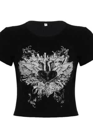 Punk Rock Cropped T-shirt for Women - Dark Aesthetic Printed Short Sleeve Top - Casual Versatile Niche Fashion