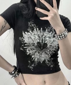 Punk Rock Cropped T-shirt for Women - Dark Aesthetic Printed Short Sleeve Top - Casual Versatile Niche Fashion