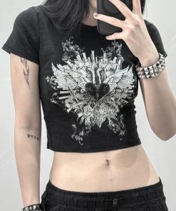Punk Rock Cropped T-shirt for Women - Dark Aesthetic Printed Short Sleeve Top - Casual Versatile Niche Fashion