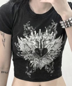 Punk Rock Cropped T-shirt for Women - Dark Aesthetic Printed Short Sleeve Top - Casual Versatile Niche Fashion