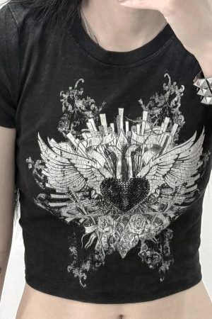 Punk Rock Cropped T-shirt for Women - Dark Aesthetic Printed Short Sleeve Top - Casual Versatile Niche Fashion