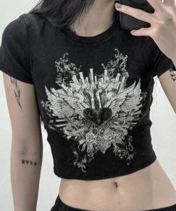 Punk Rock Cropped T-shirt for Women - Dark Aesthetic Printed Short Sleeve Top - Casual Versatile Niche Fashion
