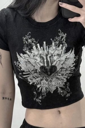 Punk Rock Cropped T-shirt for Women - Dark Aesthetic Printed Short Sleeve Top - Casual Versatile Niche Fashion