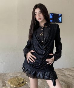 Punk Y2K Rock V-Neck Top - Autumn Shibuya Style Spliced Long Sleeve Shirt for Women