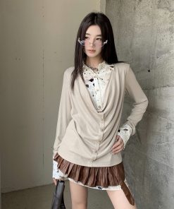 Punk Y2K Rock V-Neck Top - Autumn Shibuya Style Spliced Long Sleeve Shirt for Women