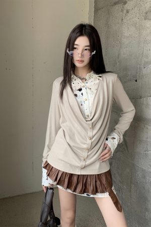 Punk Y2K Rock V-Neck Top - Autumn Shibuya Style Spliced Long Sleeve Shirt for Women