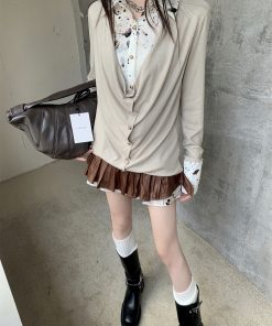 Punk Y2K Rock V-Neck Top - Autumn Shibuya Style Spliced Long Sleeve Shirt for Women