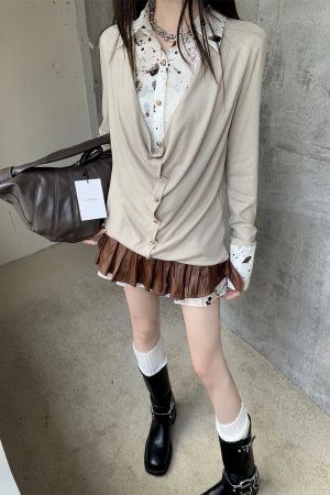 Punk Y2K Rock V-Neck Top - Autumn Shibuya Style Spliced Long Sleeve Shirt for Women