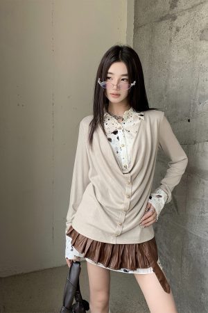Punk Y2K Rock V-Neck Top - Autumn Shibuya Style Spliced Long Sleeve Shirt for Women
