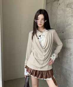 Punk Y2K Rock V-Neck Top - Autumn Shibuya Style Spliced Long Sleeve Shirt for Women
