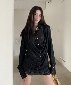 Punk Y2K Rock V-Neck Top - Autumn Shibuya Style Spliced Long Sleeve Shirt for Women