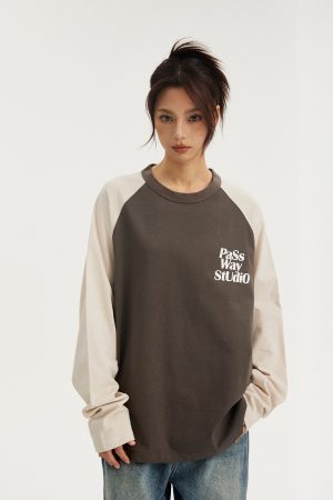 Pure Cotton Color Block Long Sleeve Unisex Top - Versatile Spring Summer Raglan Layering Tee