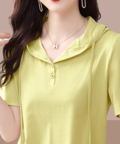 Pure Cotton Hooded Short Sleeve T-Shirt for Women, Stylish Casual Top, Plus Size Friendly, Comfortable Summer Wear, Covers Belly