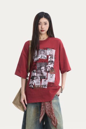 Pure Cotton Red Short Sleeve Men's T-Shirt with Character Print, Loose Round Neck Casual Euro-American High Street Style
