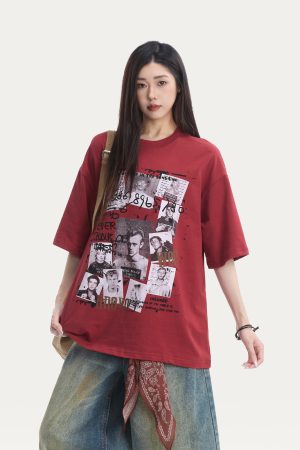 Pure Cotton Red Short Sleeve Men's T-Shirt with Character Print, Loose Round Neck Casual Euro-American High Street Style