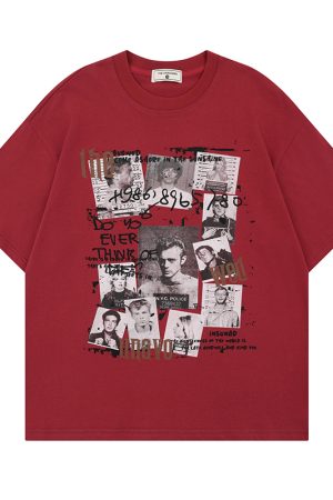 Pure Cotton Red Short Sleeve Men's T-Shirt with Character Print, Loose Round Neck Casual Euro-American High Street Style