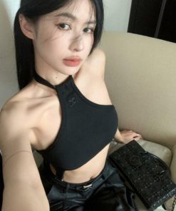 Pure Cotton Spicy Girl Irregular Halter Backless Camisole - Women's Slim Niche Cropped Top with Exposed Navel Design