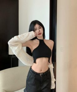 Pure Cotton Spicy Girl Irregular Halter Backless Camisole - Women's Slim Niche Cropped Top with Exposed Navel Design